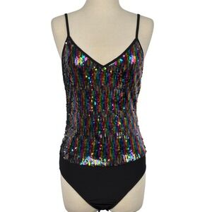 Rue21 Womens Rainbow Sequin Bodysuit Black V-Neck Spaghetti Strap M Y2K‎